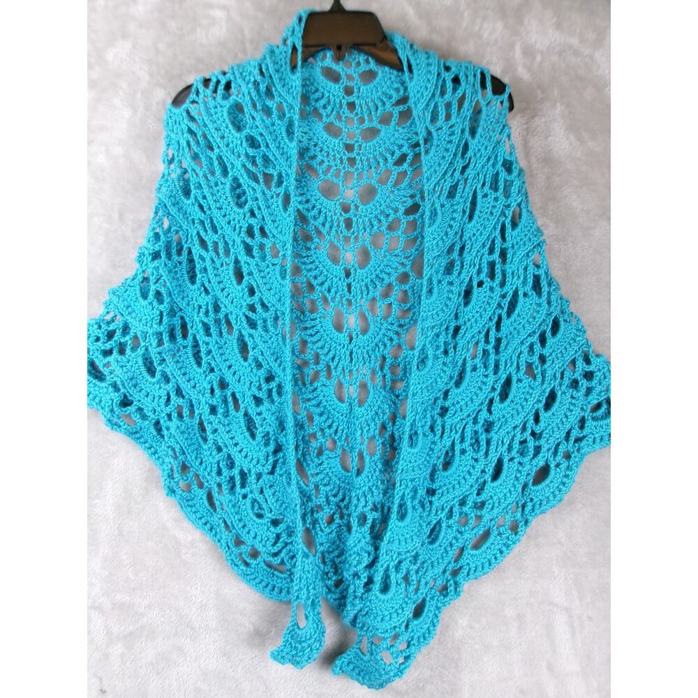 Handmade Turquoise Crochet Lace Shawl Wrap Boho Open Knit